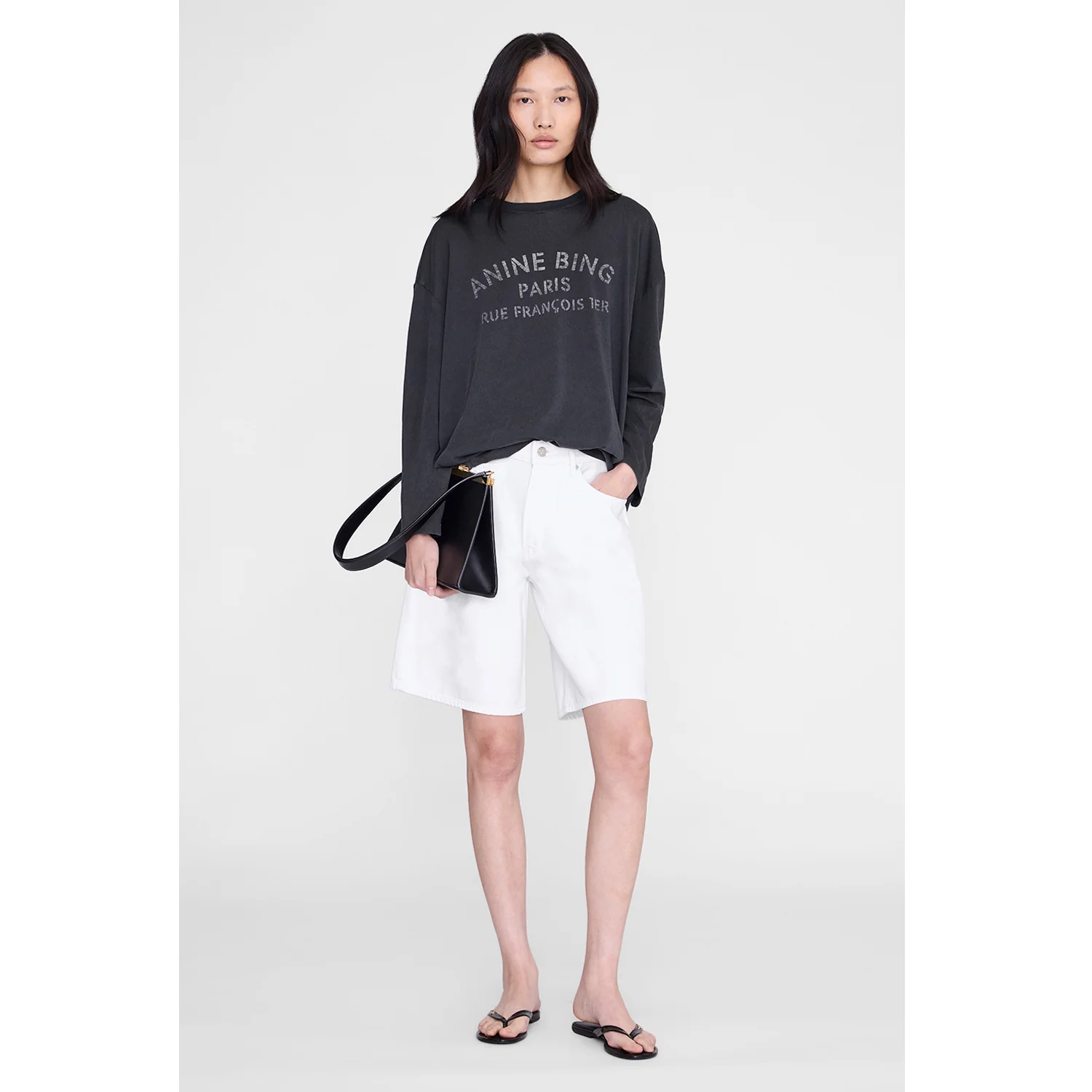 Anine Bing IVAN LONG SLEEVE PARIS STENCIL, Washed Black - Image 2