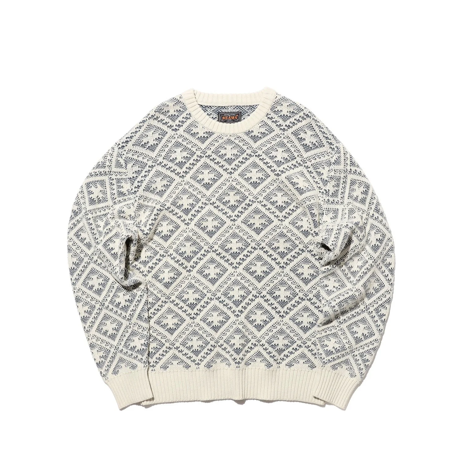 Beams+ CREW DOUBLE JACQUARD INDIGO YARN, White/Indigo