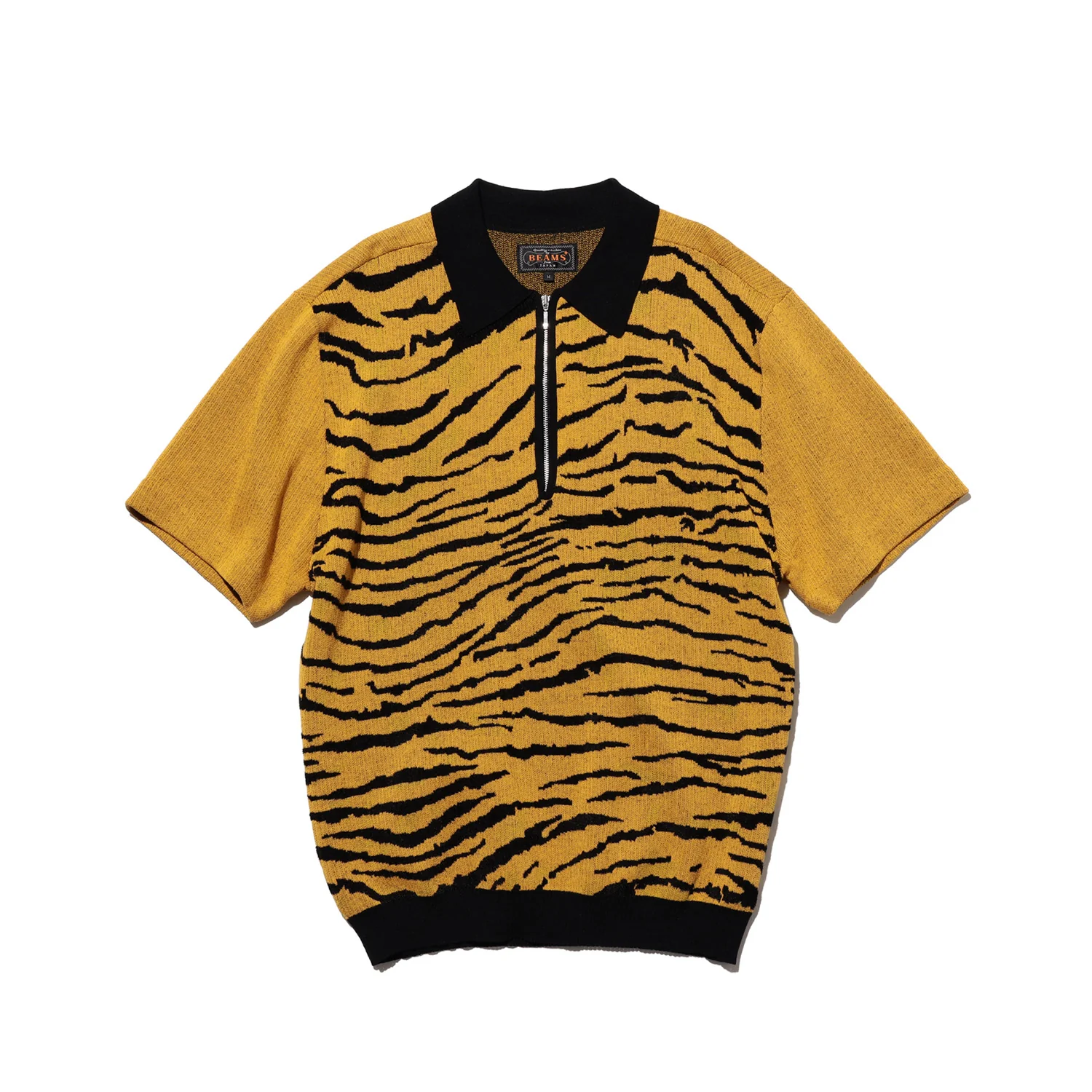 Beams+ HALF ZIP KNIT POLO ANIMAL JACQUAR, Tiger