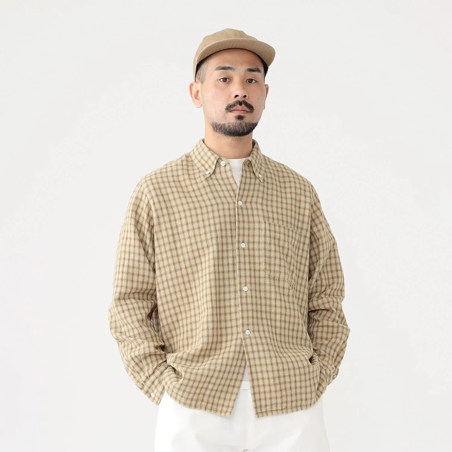 Beams+ OPEN B.D. PANAMA PLAID DOUBLE FACE, Beige - Image 3