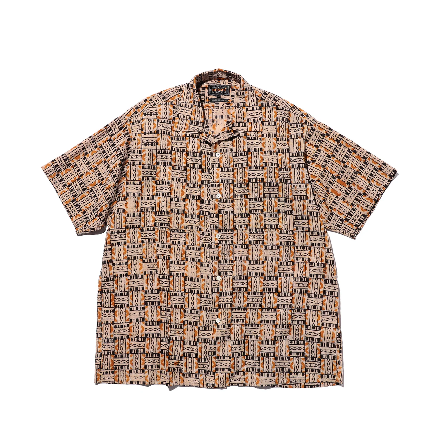 Beams+ OPEN COLLAR BLOCK PRINT, Black