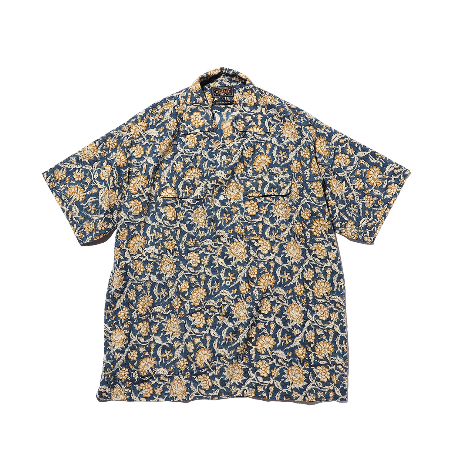 Beams+ OPEN COLLAR BLOCK PRINT, Blue
