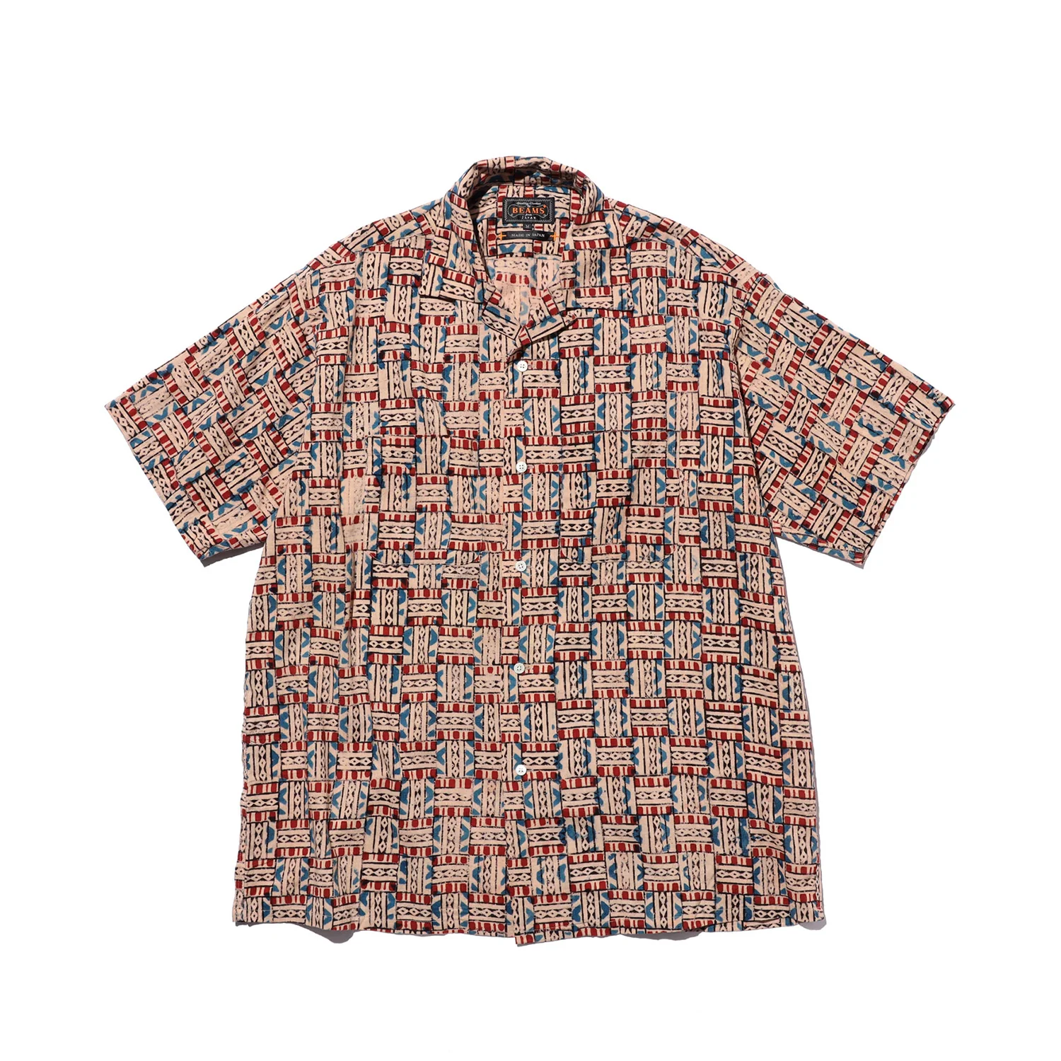Beams+ OPEN COLLAR BLOCK PRINT, Red