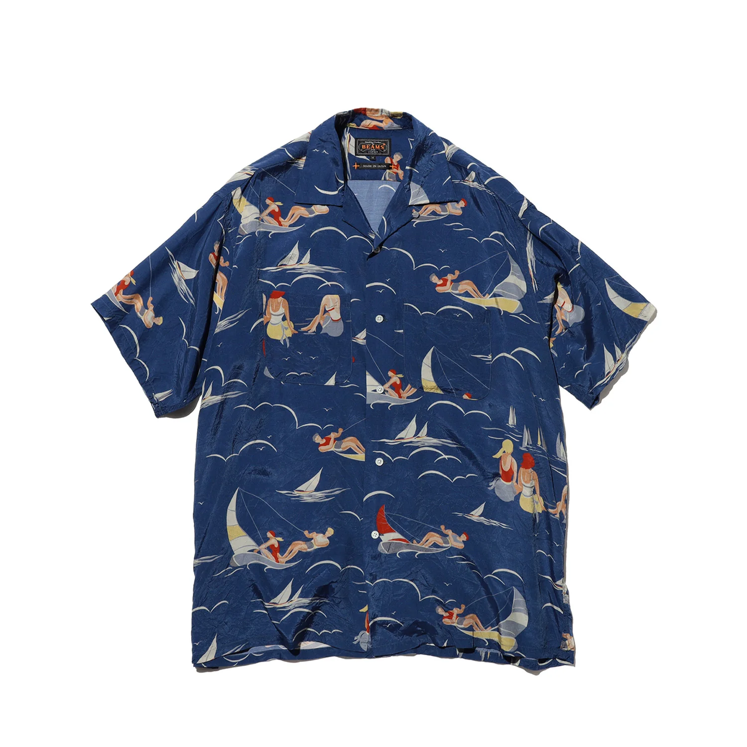 Beams+ OPEN COLLAR CUPRO PRINT SHIRT, Blue