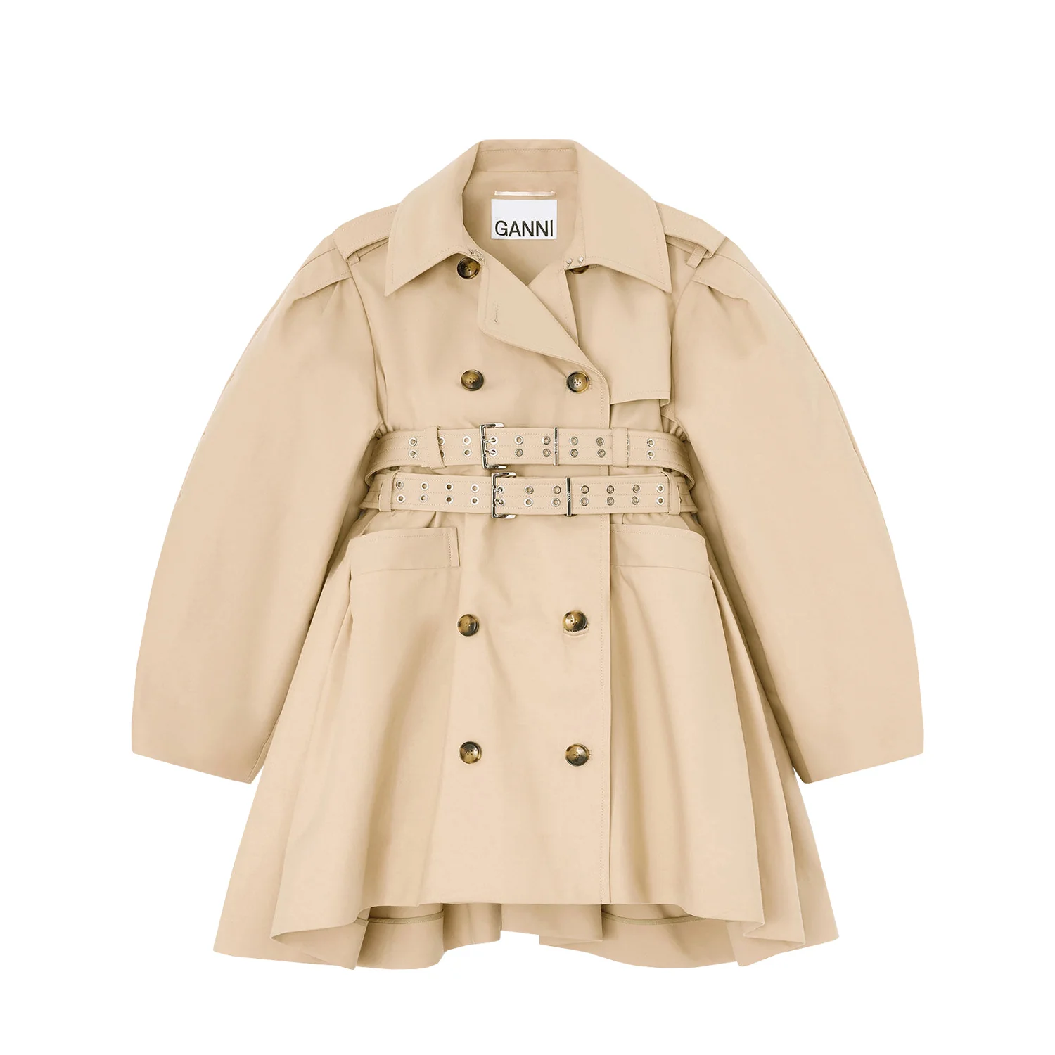 Ganni DOUBLE COTTON PEPLUM TRENCH COAT, Warm Sand