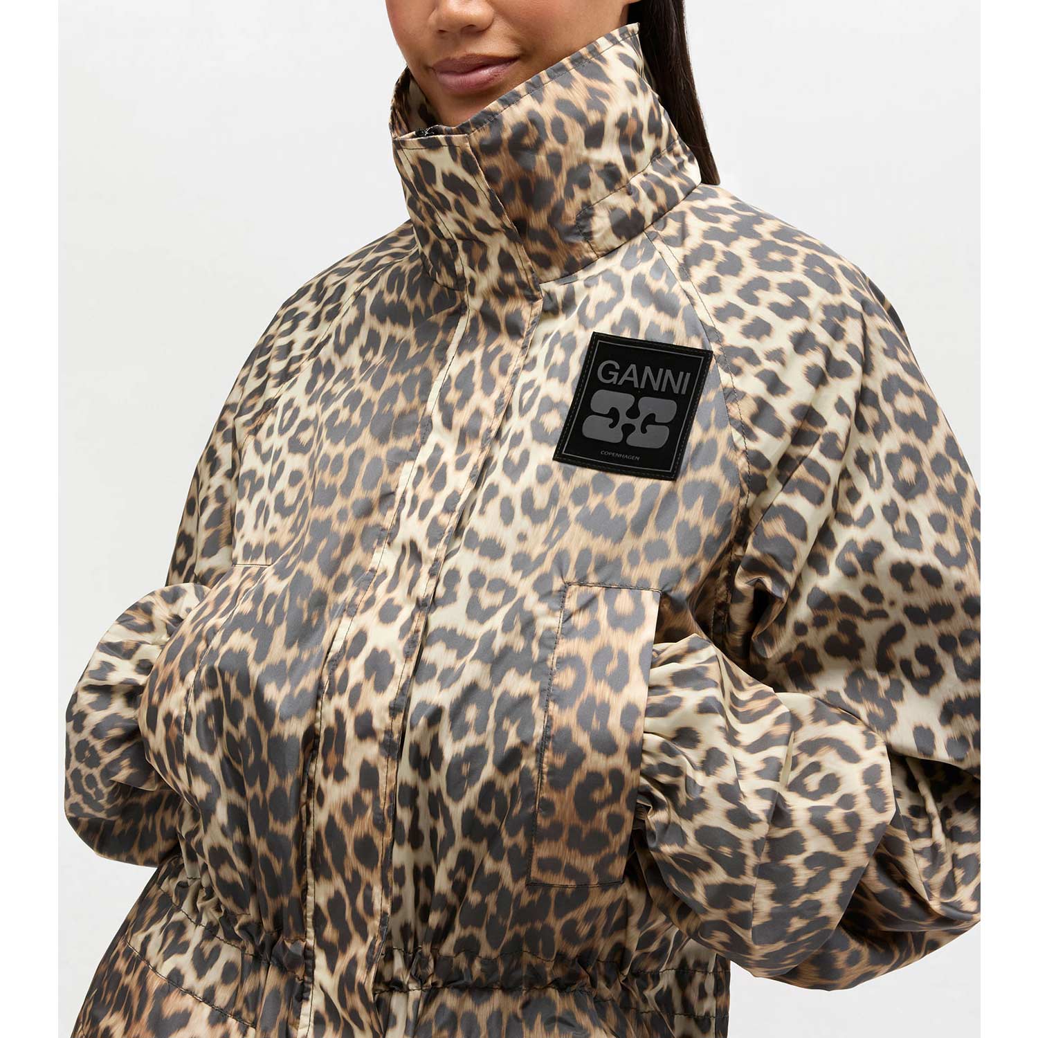LEOPARD NYLON PARKA COAT, Almond Milk - Image 3