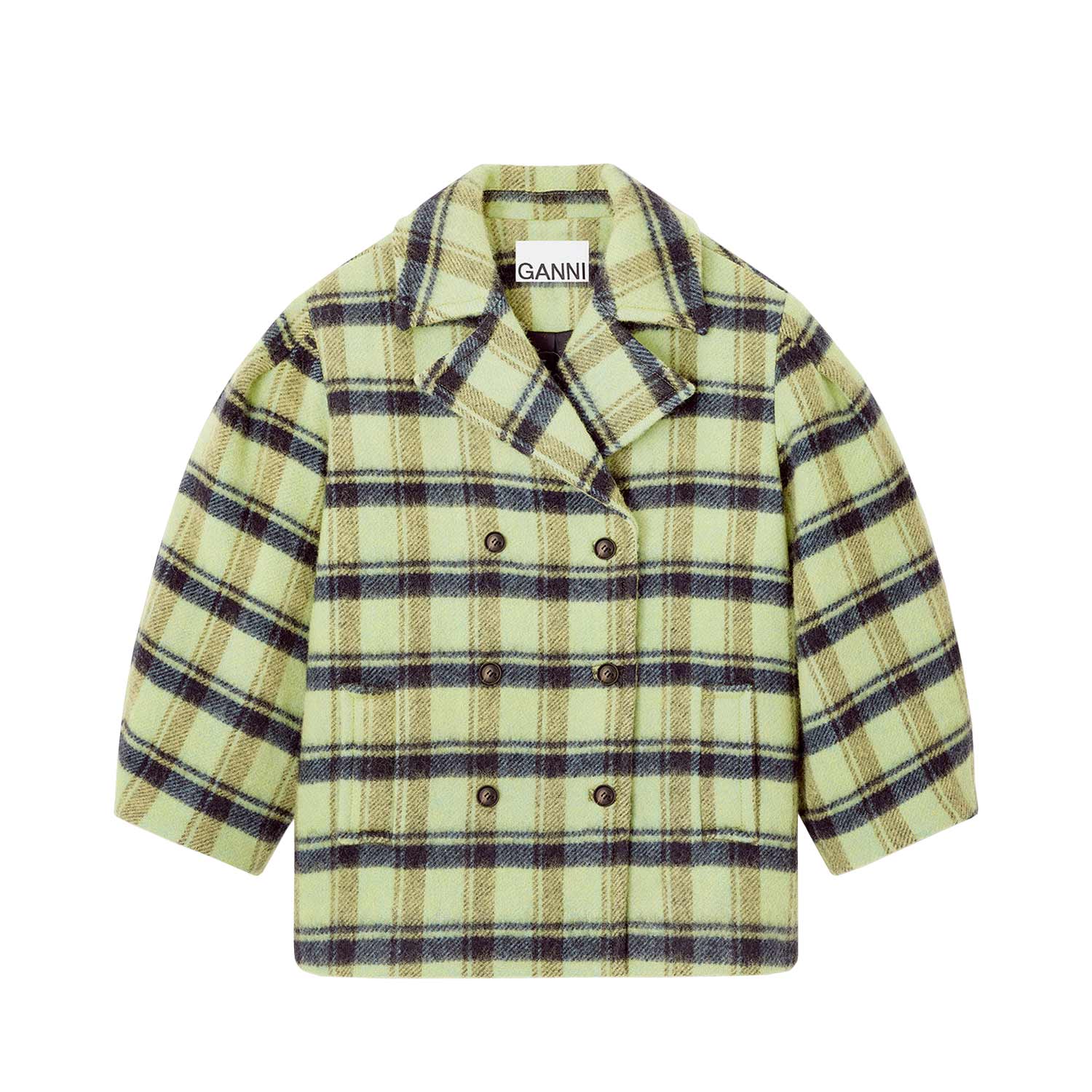 Ganni W0992 BRUSHED WOOL CHECK MIDI COAT, Lime Sherbet