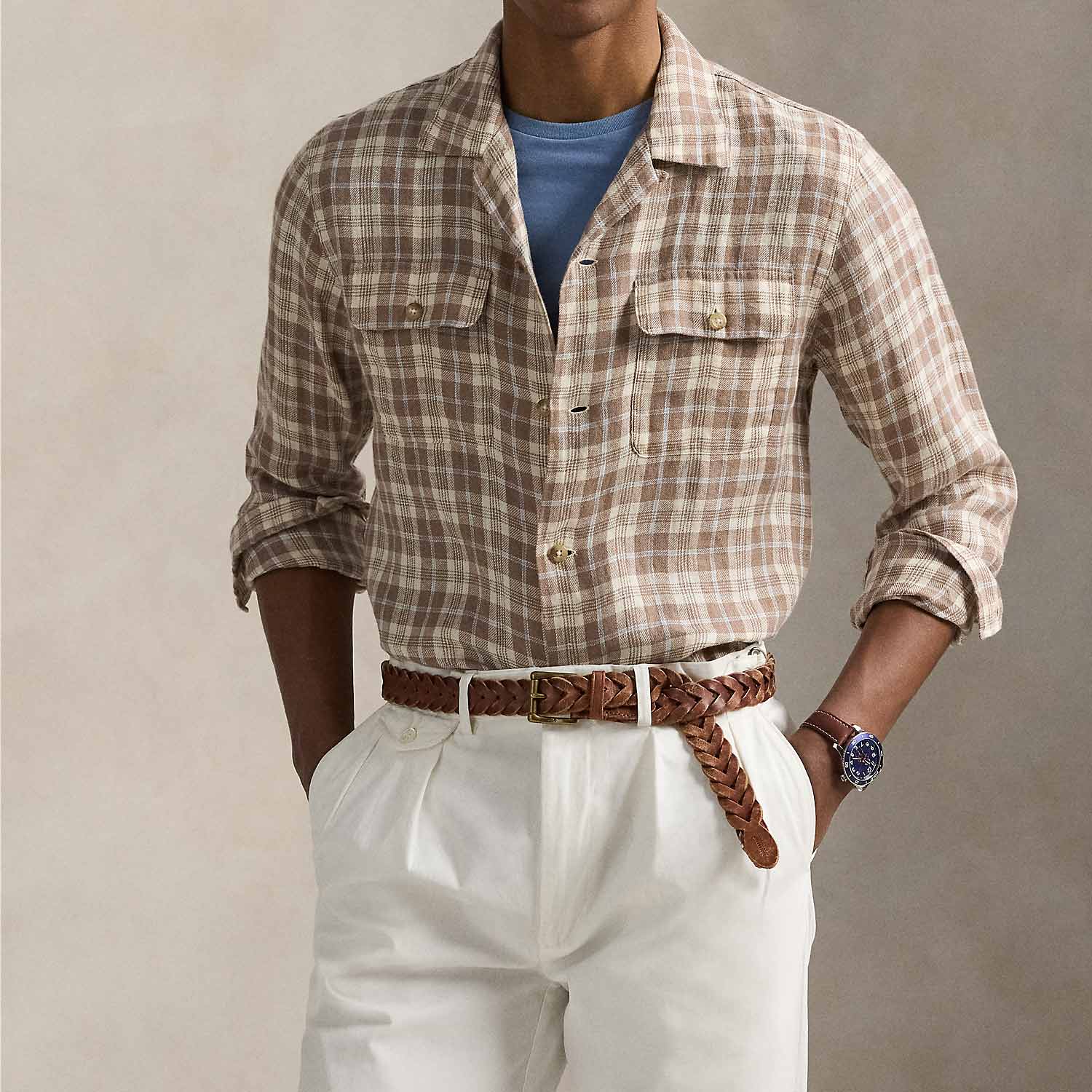 POLO Ralph Lauren CLASSIC FIT PLAID LINEN SHIRT, Brown - Image 3