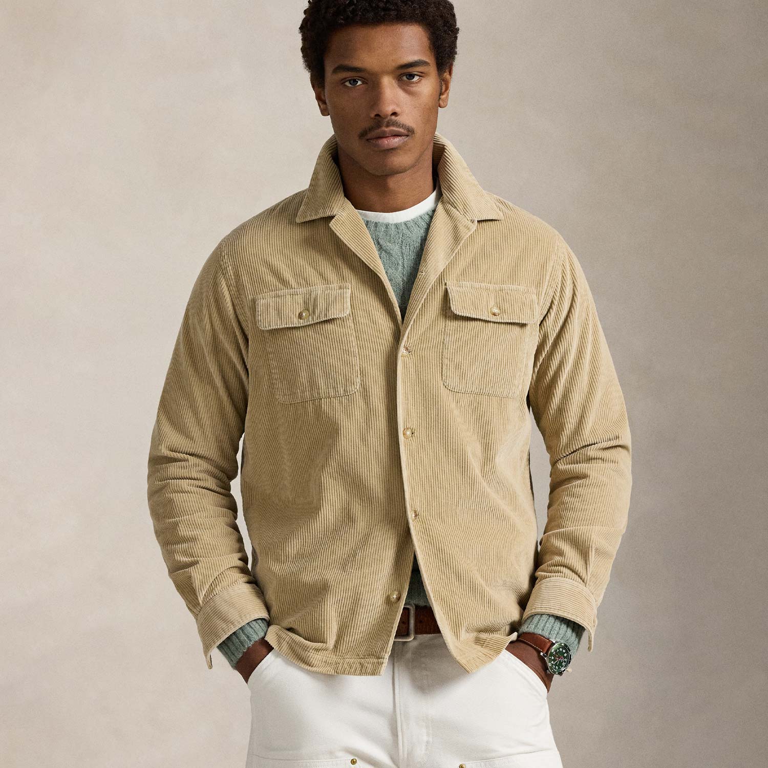 CORD LONGLSLEEVE SPORT SHIRT, Beige - Image 2