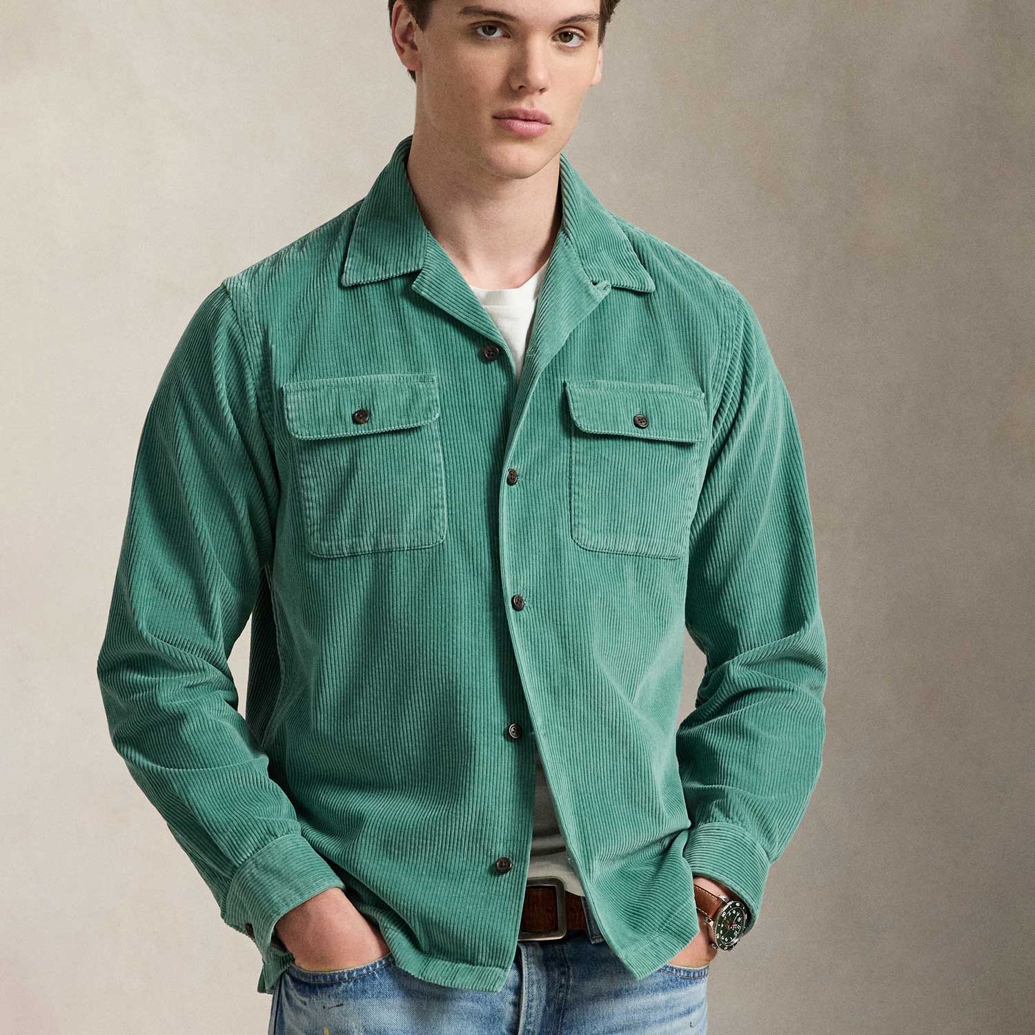 CORD LONGLSLEEVE SPORT SHIRT, Green - Image 3